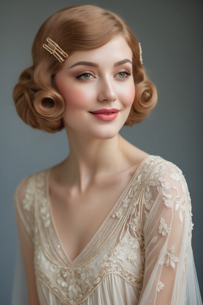 %22A charming 1920s woman with a curled faux bob, rosy flushed cheeks, and soft pink lips, wearing a delicate lace dress