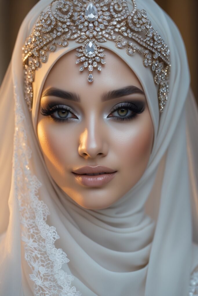 A bride in a bejewelled headpiece, smoky black eyeshadow, nude lips, and a draped hijab