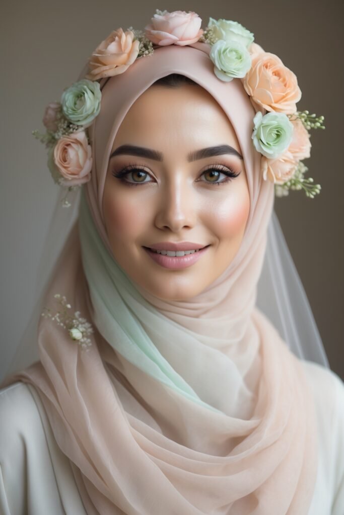A bride in a pastel hijab adorned with fresh flowers, dewy makeup, and soft pink lips