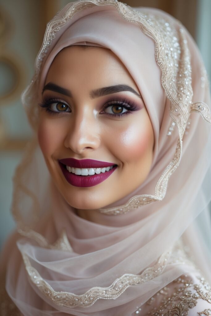 A bride in a tulle hijab with vintage marcel waves, berry lips, and soft eyeliner