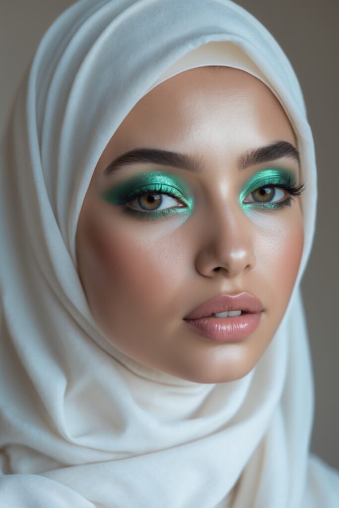 A bride in a white hijab with emerald green eyeshadow, natural blush, and neutral lips