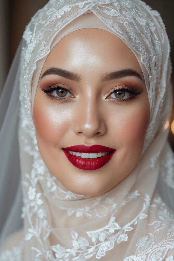 A bride in a white lace hijab, bold red lips, soft winged eyeliner, and a glowing complexion