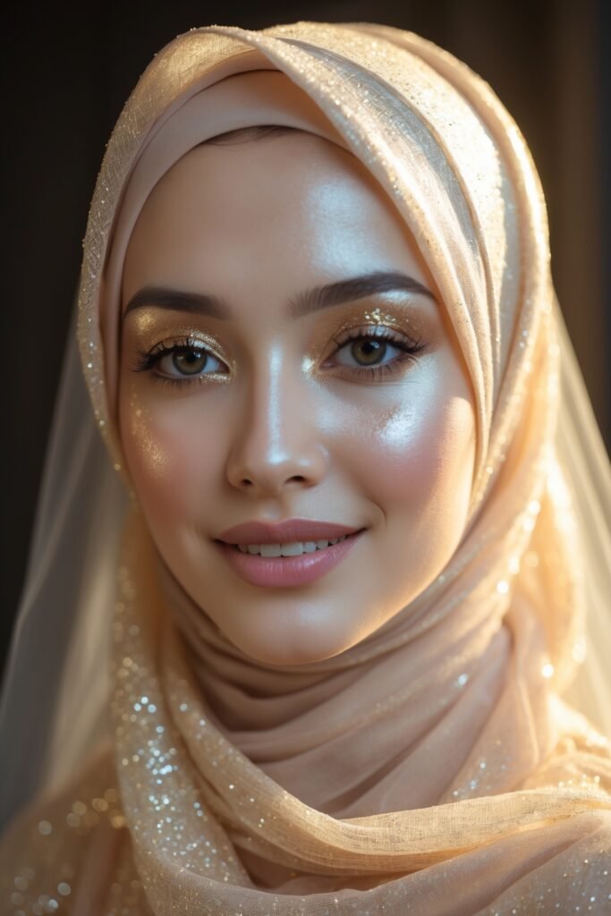 A bride wearing a champagne hijab, gold shimmer eyeshadow, dewy skin, and natural lips