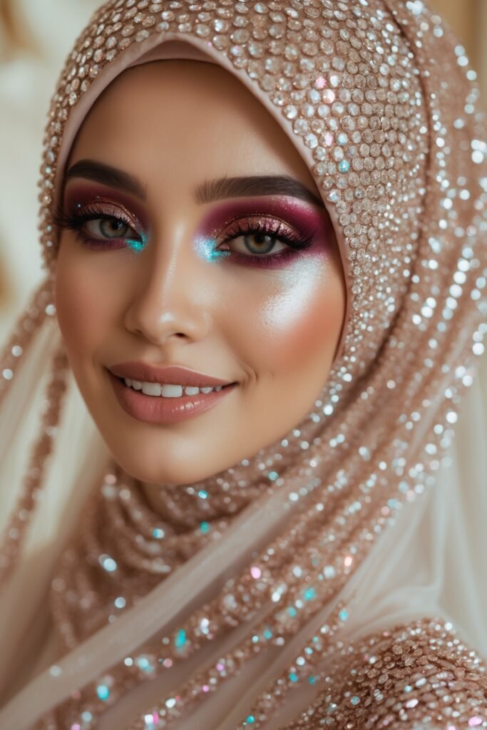 A bride with glitter eyeshadow, glowing skin, and a crystal-encrusted hijab