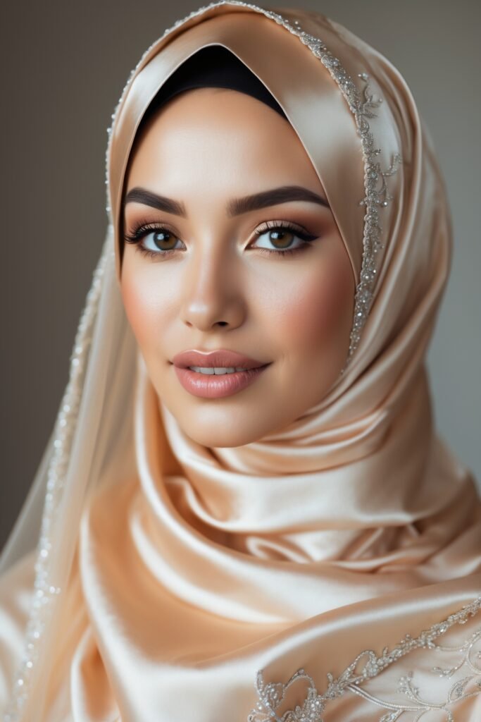 A bride with peach-themed makeup and a soft satin hijab, glowing with natural beauty