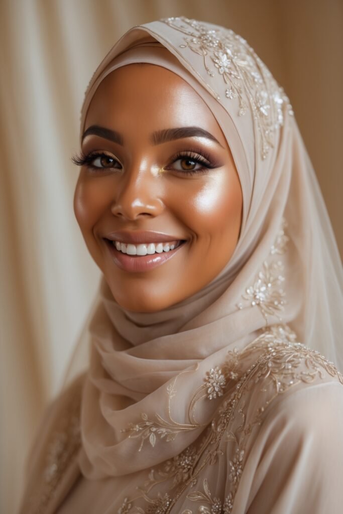 A bronzed bride wearing a neutral hijab, glowing with sun-kissed makeup