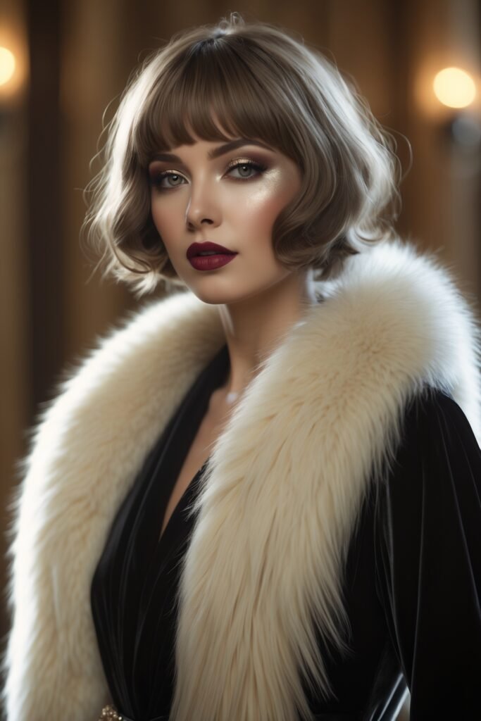 A chic 1920s woman with a tousled bob, smoky silver eyeshadow, and deep plum lips, wearing a fur stole