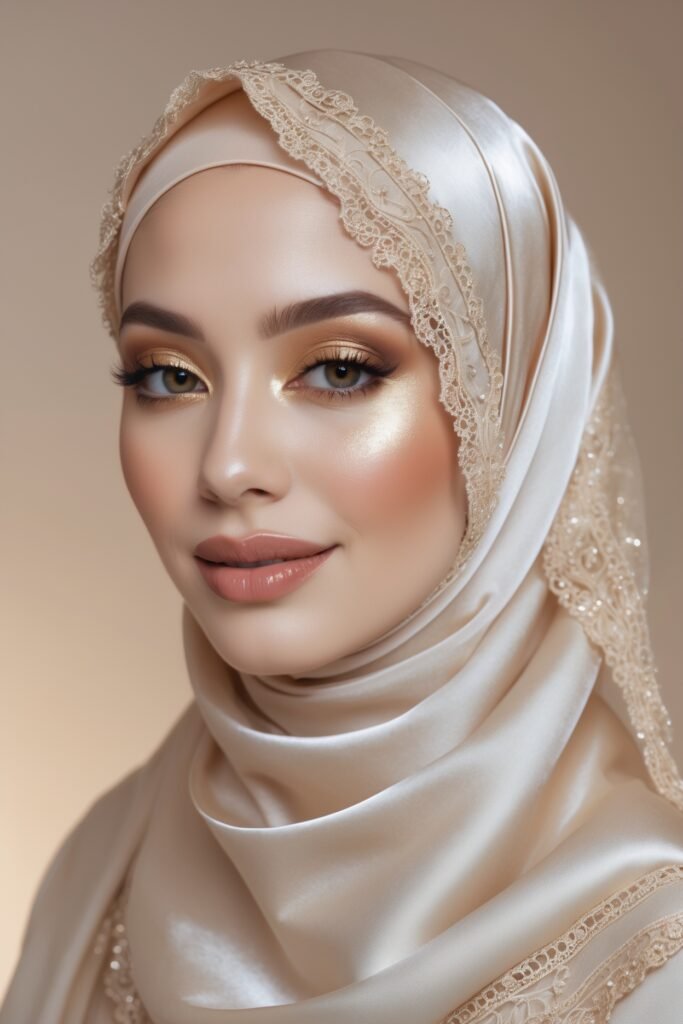 A chic bride in a beige silk hijab, neutral eyeshadow, and a softly contoured face
