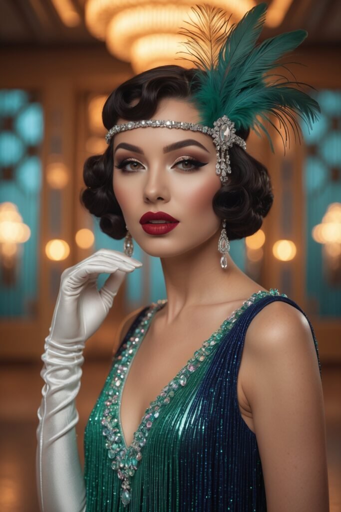 A glamorous 1920s woman with glossy pin curls, a bold red lip, and a feathered headband, set against a lavish art deco ballroom