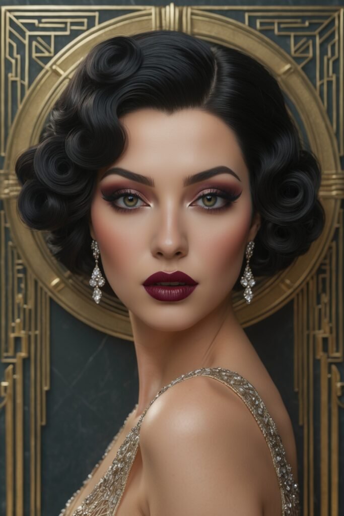 A glamorous 1920s woman with sculpted finger waves, deep berry lips, dark sultry eye makeup, and a classic art deco background