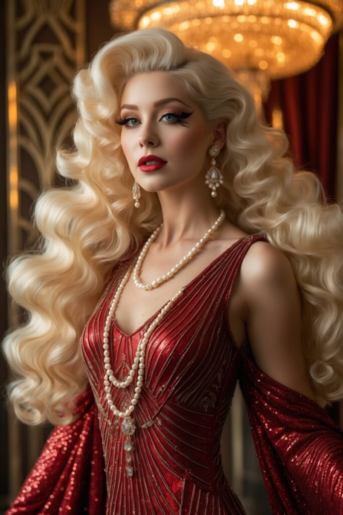 A glamorous 1920s woman with voluminous fluffy curls, dramatic winged eyeliner, and a shimmering sequinned dress