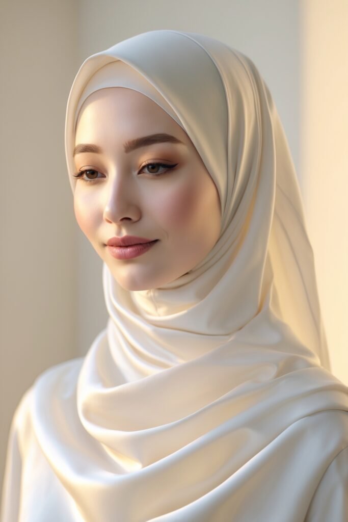 A minimalist bride in a silk white hijab, fresh skin, nude makeup, and light mascara