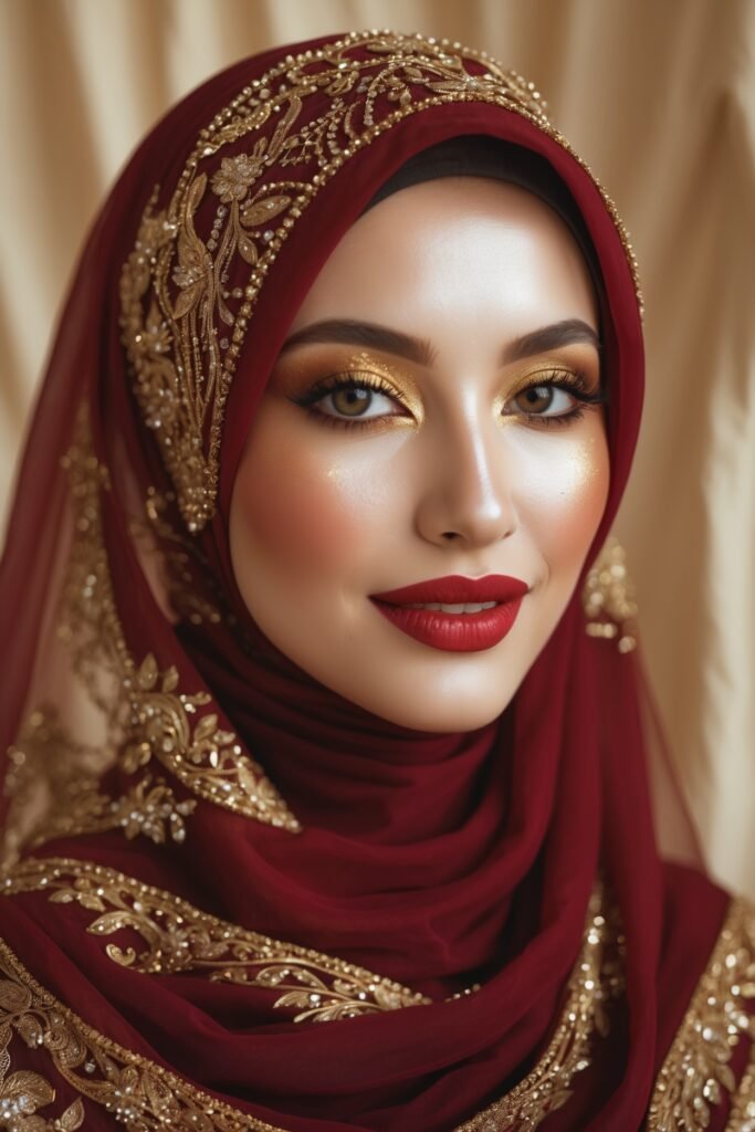 A royal bride with a deep red hijab, gold eye makeup, bold red lips, and radiant skin