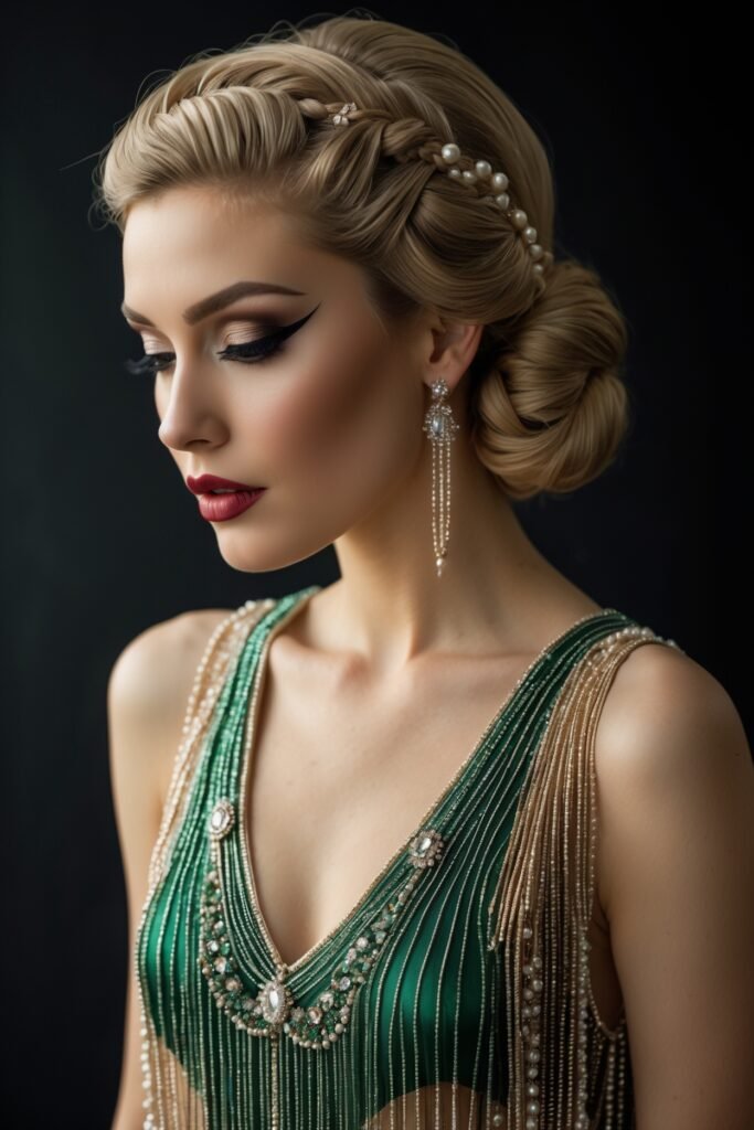 A sophisticated 1920s woman with a braided updo, heavily lined kohl eyes, a beaded dress, and a soft rose lip