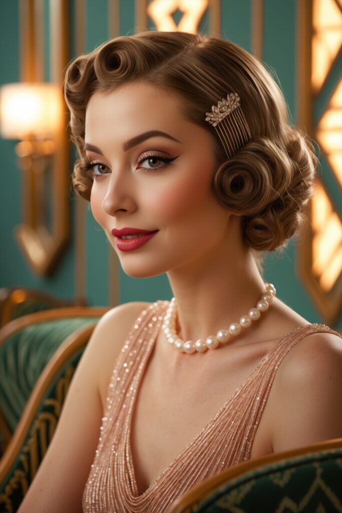 A stylish 1920s woman with a deep side-parted finger wave, glossy lips, and a pearl choker, in a vintage art deco loung