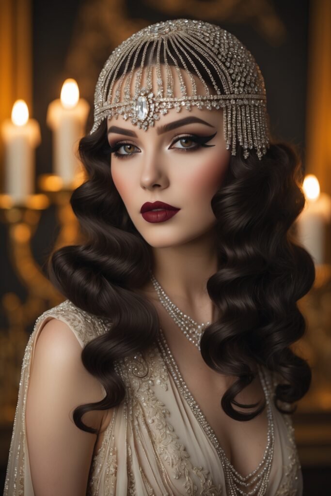 A stylish 1920s woman with deep marcel waves, a shimmering beaded headpiece, and elegant makeup with dark kohl-lined eyes