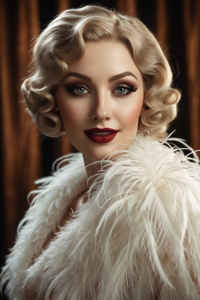 A sultry 1920s woman with tight sculpted finger waves, dark vampy lips, and a dramatic feathered stole