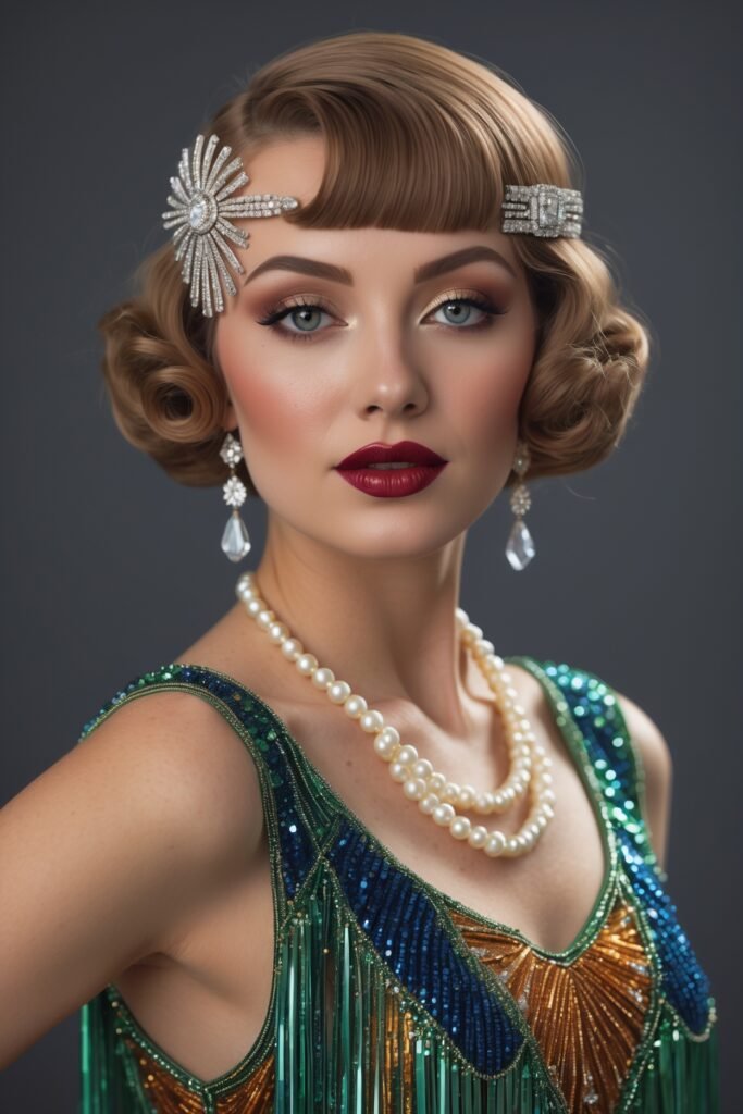 A vintage flapper with a sharp bob hairstyle, glossy cupid’s bow lips, soft rosy cheeks, and a beaded dress