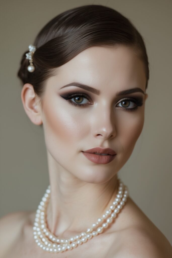 An elegant 1920s woman with a sleek low bun, dark smoky eye makeup, soft nude lips, and a pearl necklace
