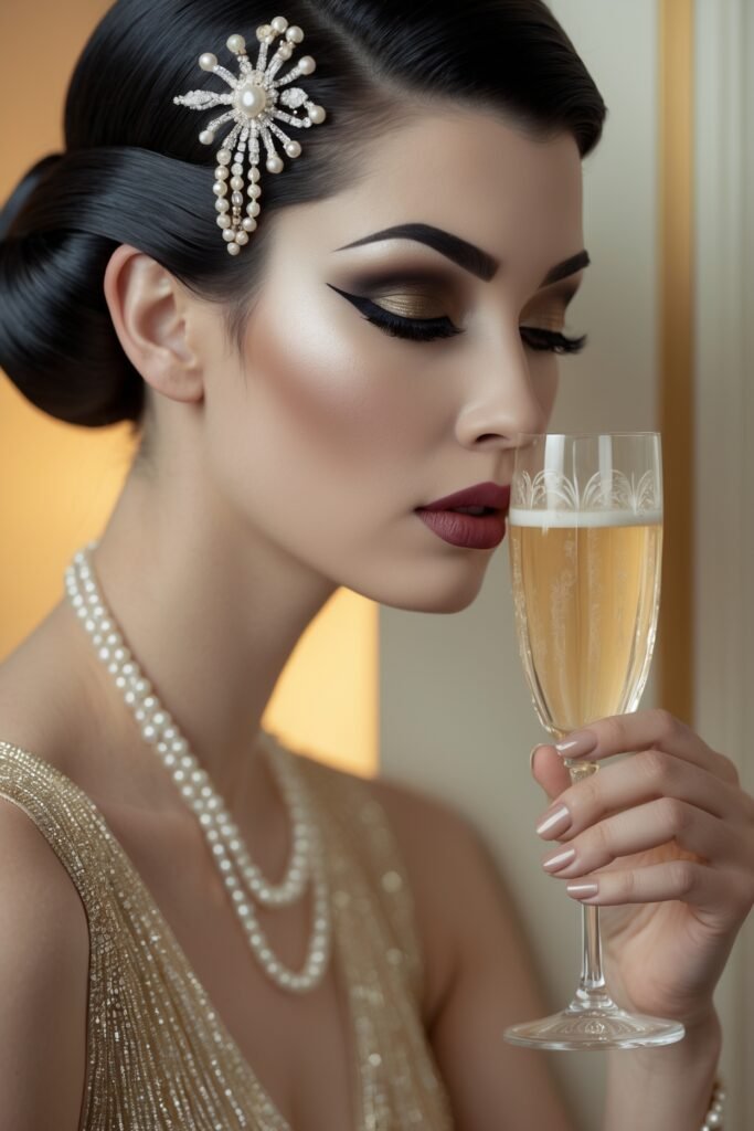 An elegant 1920s woman with a structured chignon, bold dark brows, and classic smoky eye makeup, sipping champagne