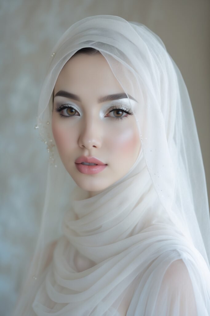 An ethereal bride wearing a sheer white hijab, silver eye makeup, frosted lips, and luminous skin