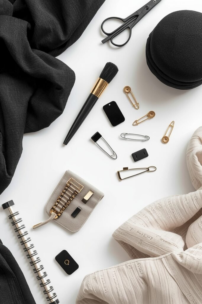 a flatlay of a variety of safety pins and hijab pins