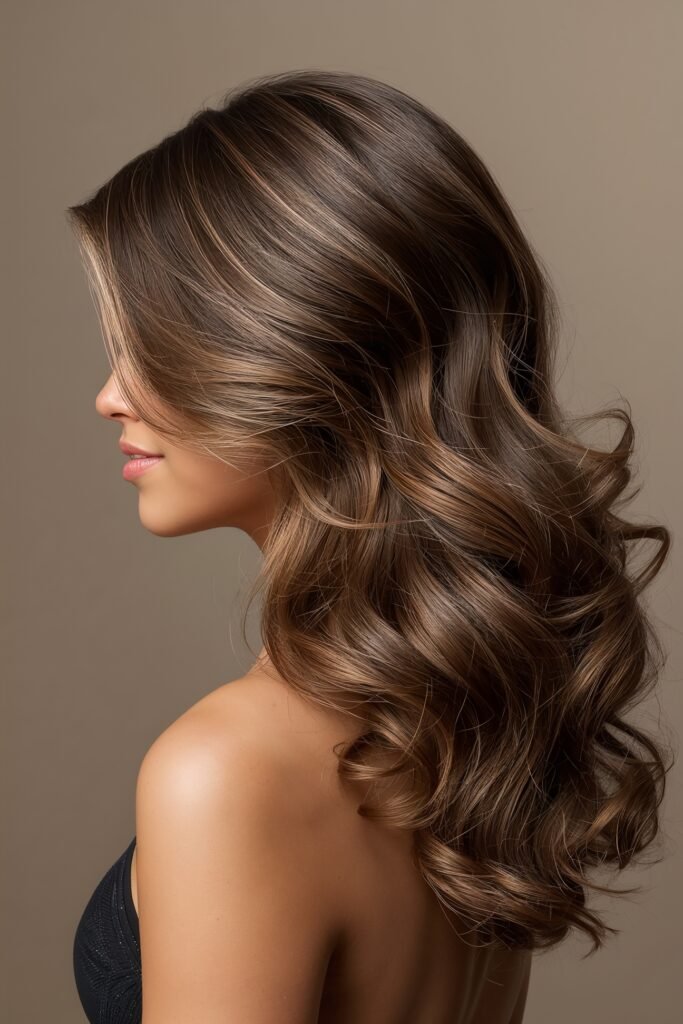 Voluminous blow dry prom hairstyle bouncy smooth hair beige neutral studio background glamorous evening look realistic lighting