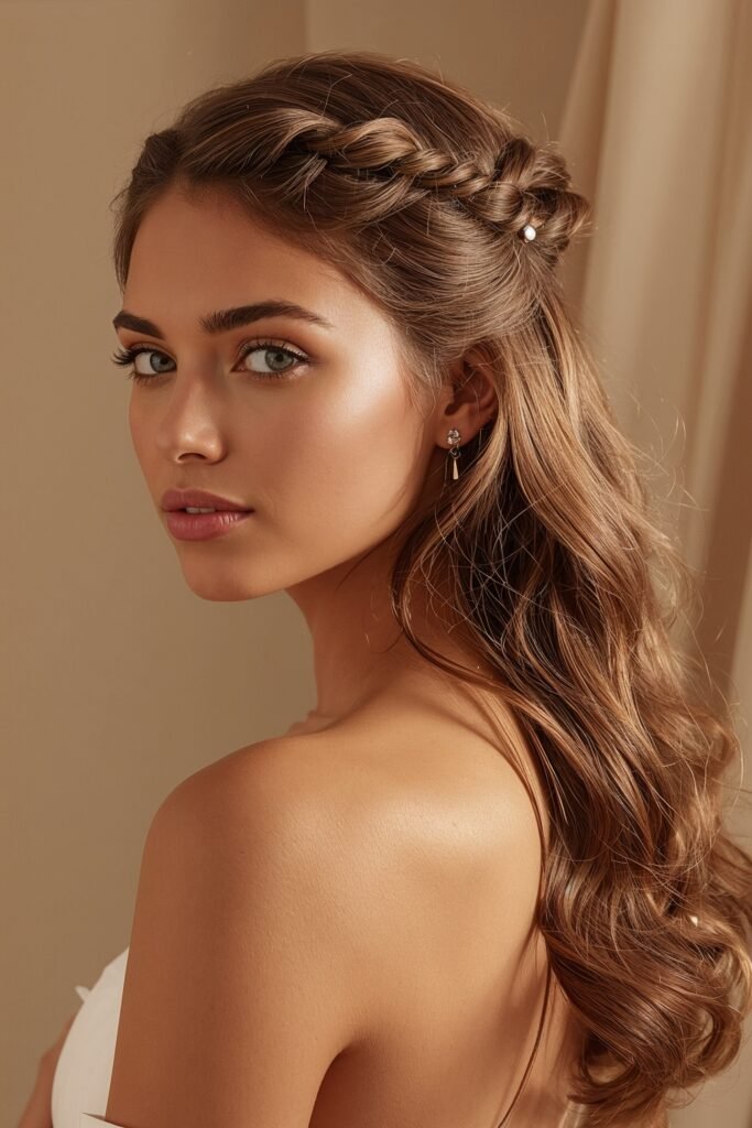 Twisted half up prom hairstyle soft curls gentle twists beige neutral background romantic evening styling realistic texture