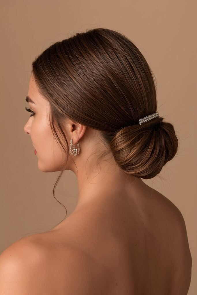 Low elegant bun prom hairstyle smooth structured bun soft formal styling beige neutral minimal background professional evening lighting realistic photography