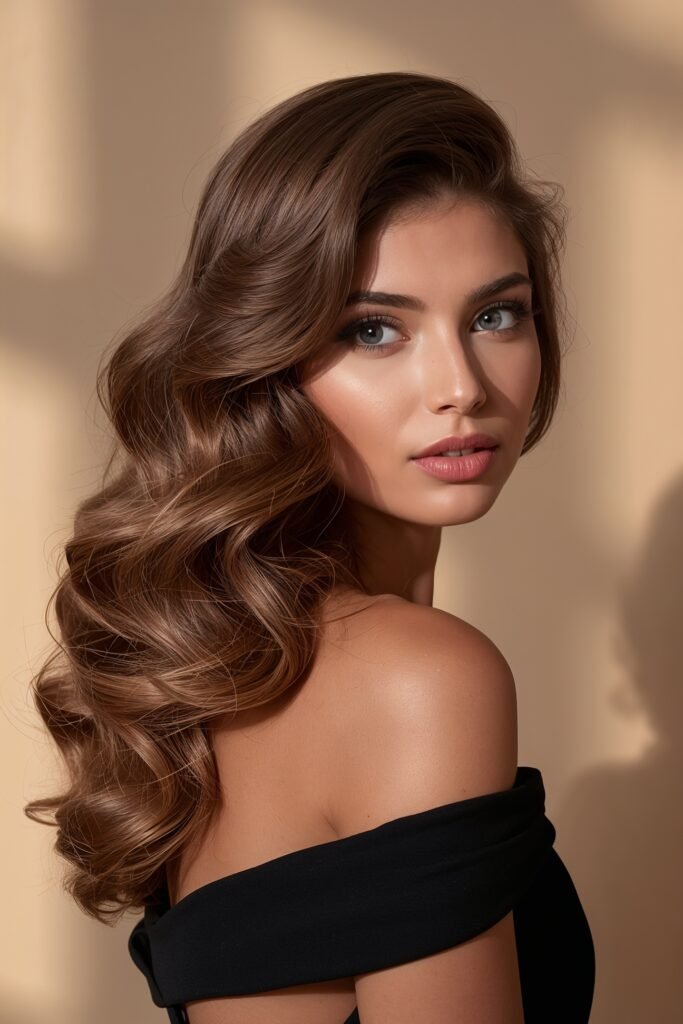 Side swept glam waves prom hairstyle voluminous curls over shoulder beige neutral background soft glow lighting elegant evening portrait realistic hair detail