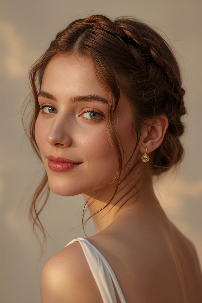 Braided crown prom hairstyle romantic braided halo style beige neutral background soft evening lighting elegant youthful look realistic detail