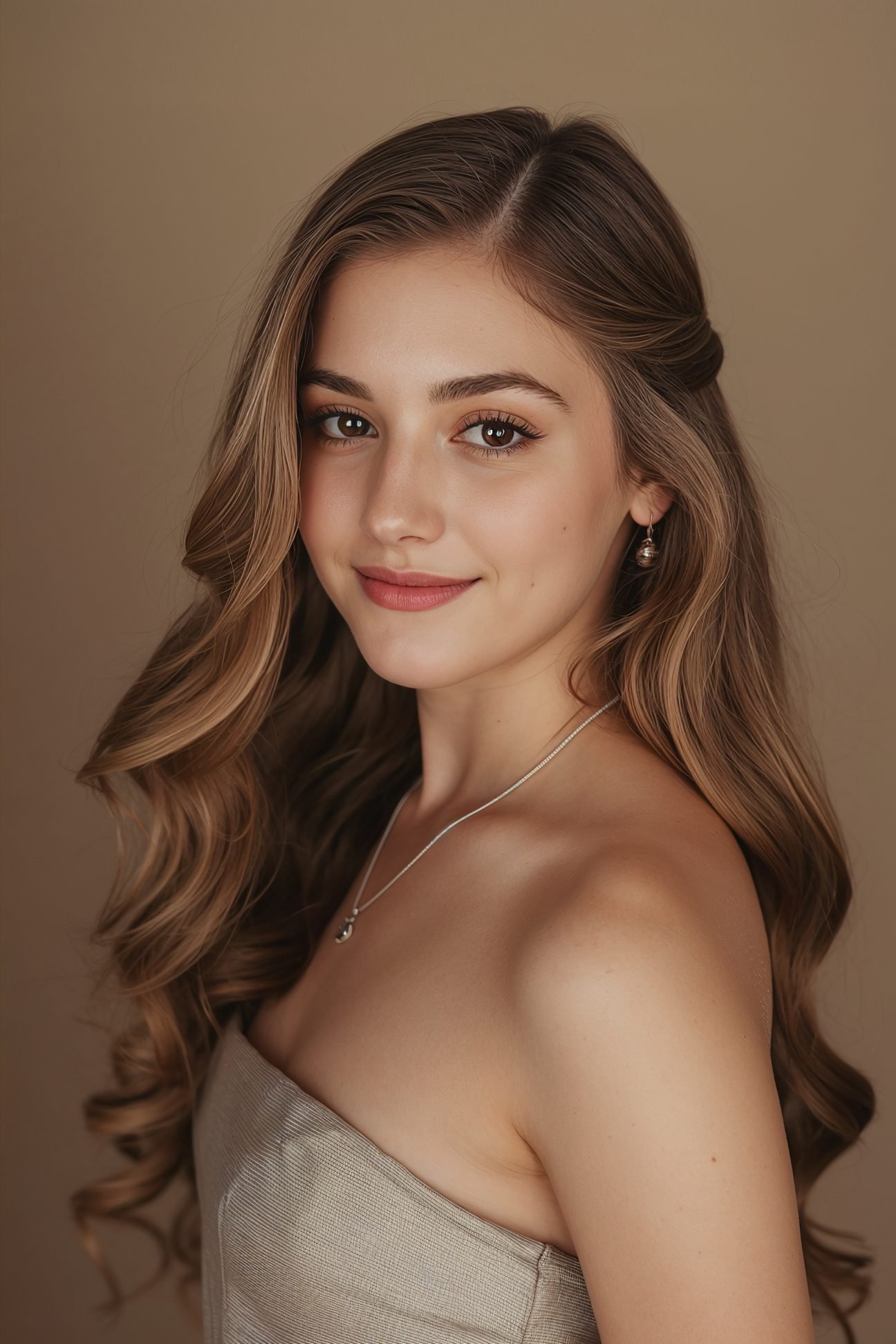 Teen girl with soft hollywood waves prom hairstyle long flowing hair elegant formal look beige neutral background soft studio lighting realistic texture cinematic photography