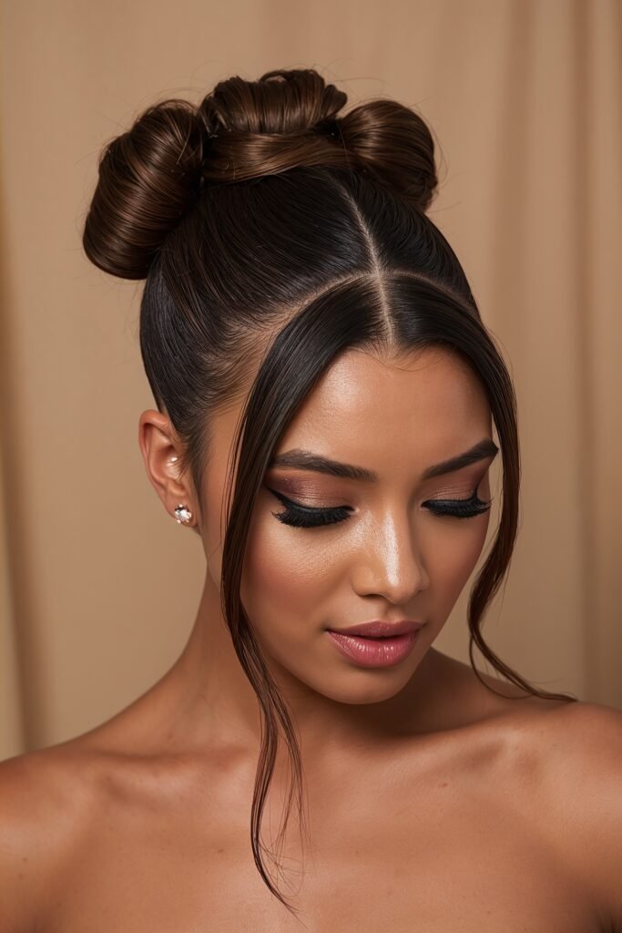 Bubble ponytail prom hairstyle modern structured pony sections beige neutral backdrop trendy formal look realistic lighting