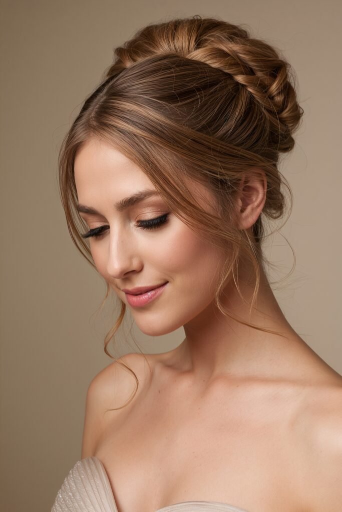 French twist prom hairstyle elegant classic updo beige neutral minimal background formal evening portrait realistic styling