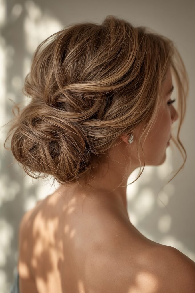 Textured messy bun prom hairstyle loose strands soft romantic updo beige neutral aesthetic background natural lighting realistic hairstyle image