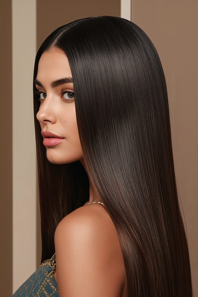 Sleek straight glass hair prom hairstyle smooth glossy finish middle part beige neutral modern background studio lighting realistic hair shine
