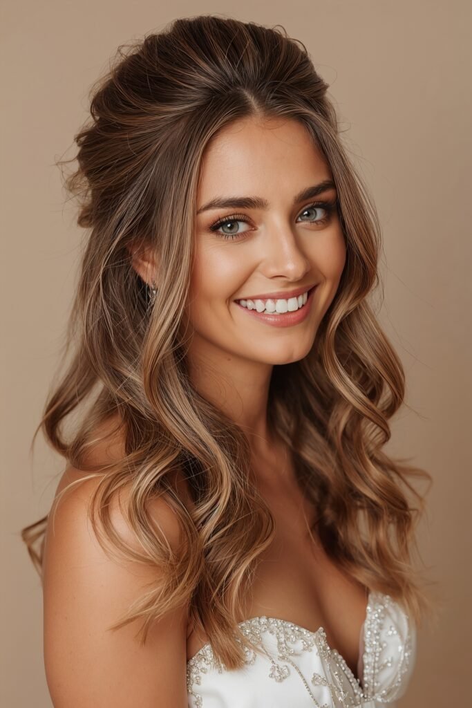 Half up half down curled prom hairstyle soft volume crown romantic styling beige neutral backdrop evening dress realistic lighting natural hair movement