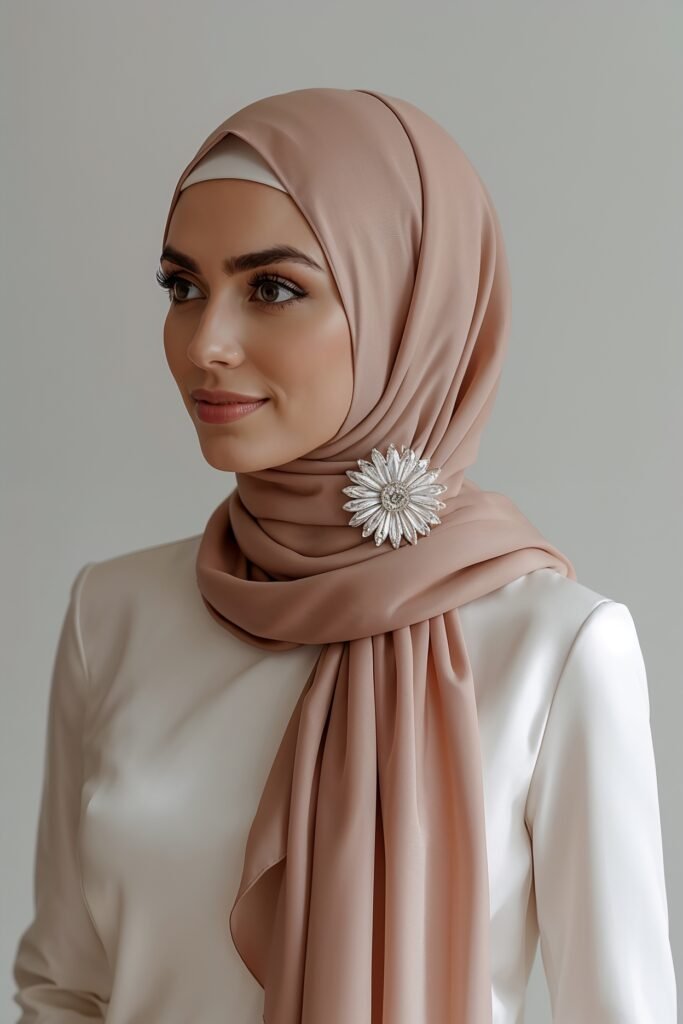 a girl wearing a smart outfit with a hijab and a large flower brooch