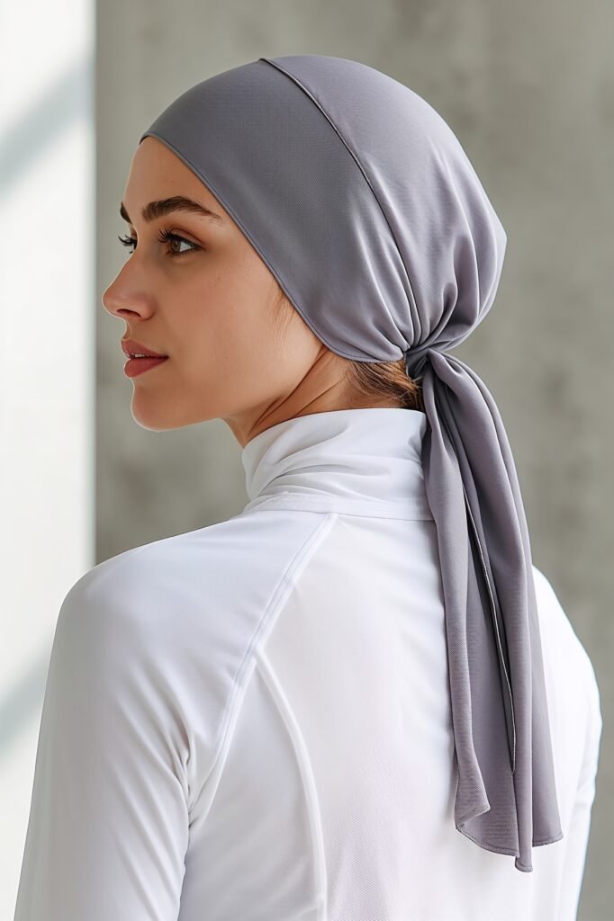 a girl wearing a hijab cap with tie backs in gym wear