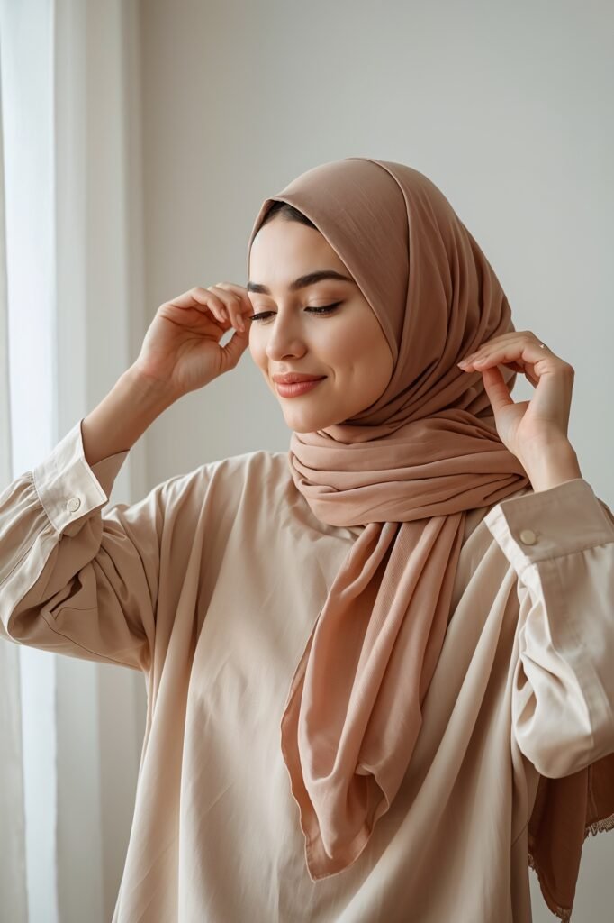 a photo of a girl in a hijab fixing it