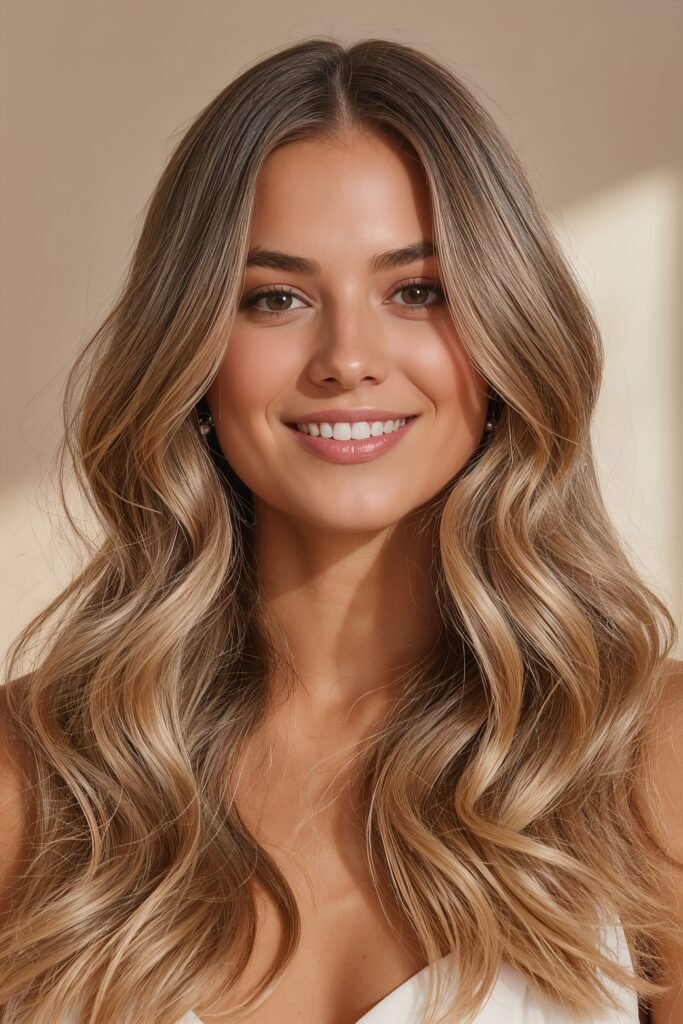 Loose beach waves prom hairstyle natural flowing texture beige neutral background soft sunlight effect realistic youthful styling