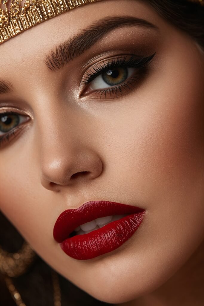 Close up beauty shot of a woman with 1920s Great Gatsby makeup, dark smoky eye, deep red lips, defined arched brows, flawless matte complexion, glamorous editorial lighting