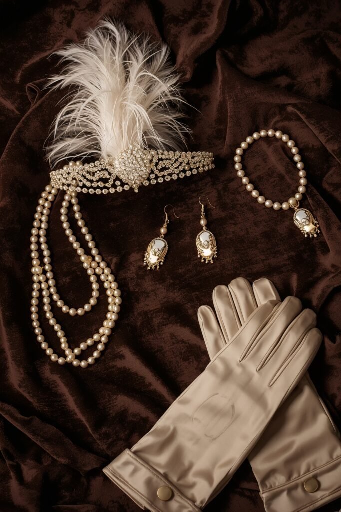 Flat lay of 1920s Great Gatsby accessories including feathered headband, long pearl necklaces, beige satin gloves and art deco jewellery on a dark velvet background, elegant and glamorous
