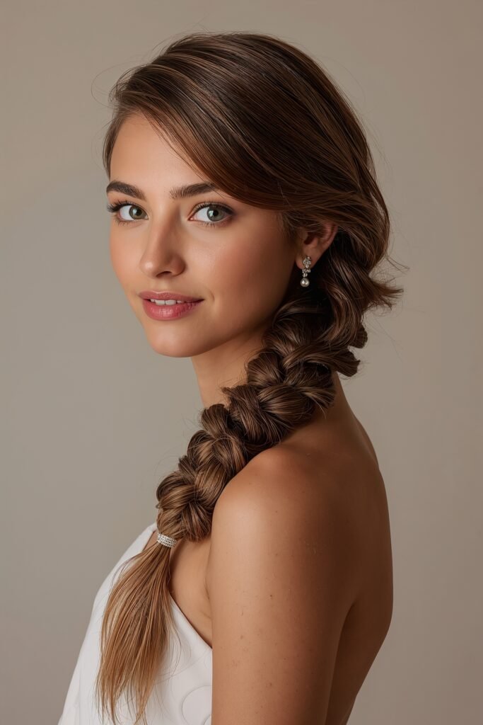 Fishtail side braid prom hairstyle long textured braid beige neutral backdrop youthful formal portrait realistic lighting