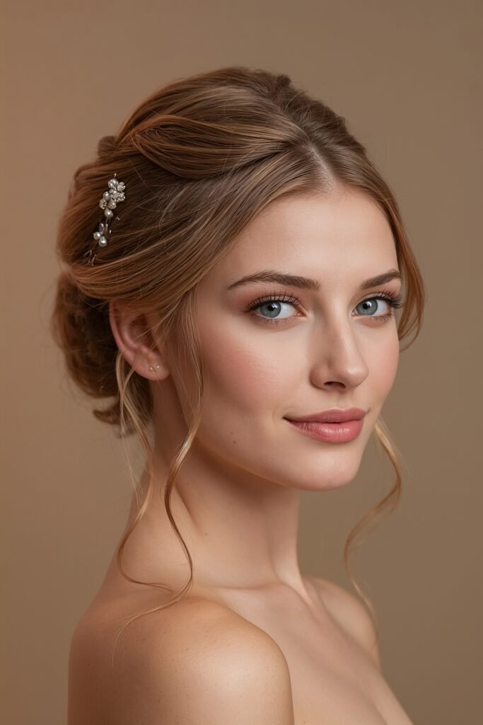 Romantic loose updo prom hairstyle soft curled pins face framing strands beige neutral background elegant evening lighting realistic style