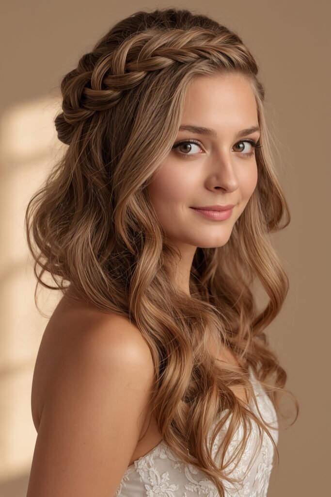 Waterfall braid prom hairstyle flowing curls braided detail beige neutral background soft dreamy lighting realistic hair styling