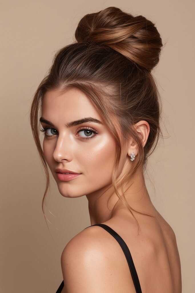 High ballerina bun prom hairstyle sleek structured bun beige neutral background elegant formal portrait realistic lighting