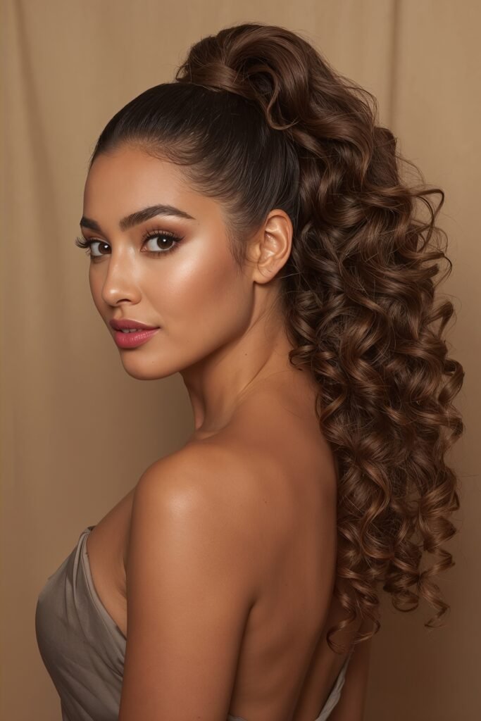 Curly ponytail prom hairstyle voluminous curled pony beige neutral backdrop elegant evening setting realistic detail