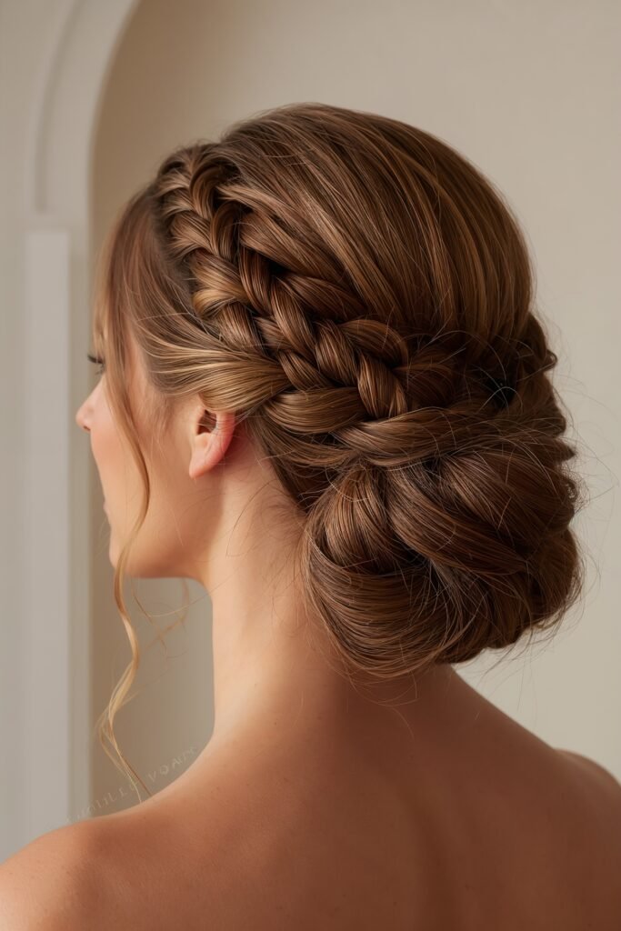 Low braided bun prom hairstyle intricate braid texture beige neutral minimal background soft formal lighting realistic look