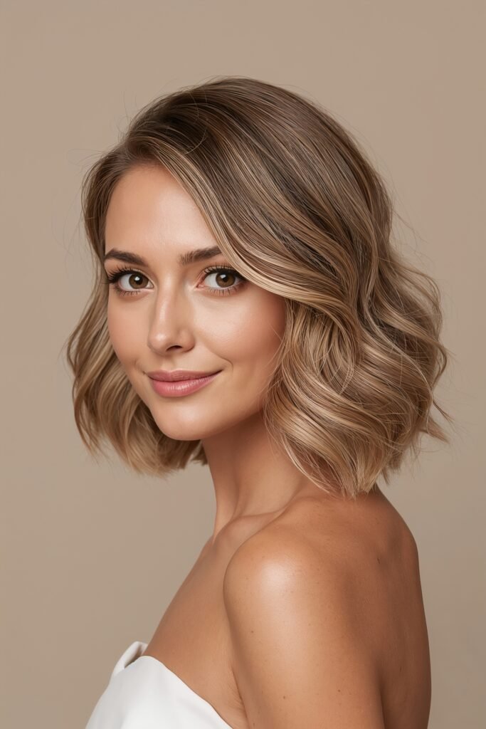 Soft curled lob prom hairstyle shoulder length hair gentle curls beige neutral studio background modern elegant look realistic detail